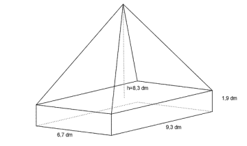 Figur som består av et rett, firkantet prisme og en pyramide på toppen av dette. Prismet har dimensjoner 9.3 dm, 6.7 dm og 1.9 dm. De to første målene er også lengde og bredde i grunnflata til pyramiden. Høyden i pyramiden er på 8.3 dm.